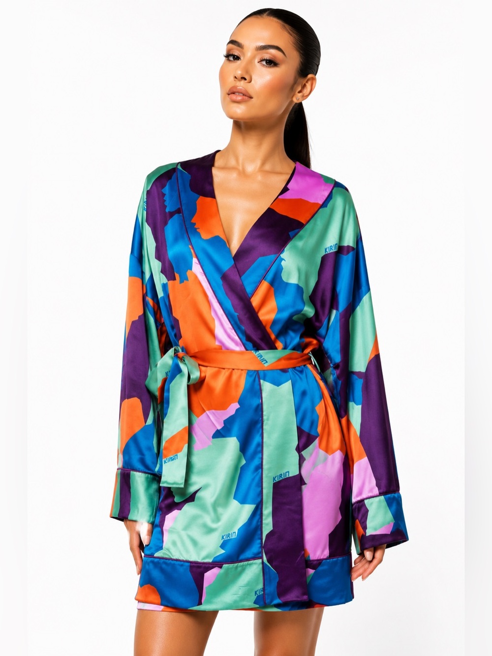 NWT $585 KIRIN Paris Peggy Gou Silk Wrap Mini Dress Abstract Face Print L